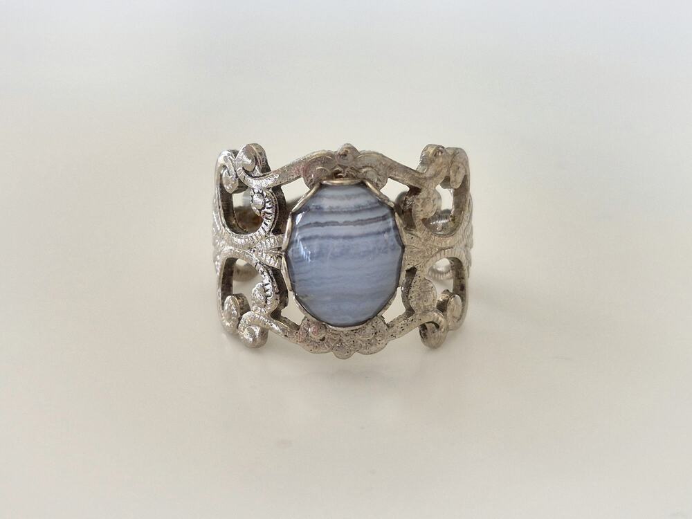Vintage Blue Lace Agate Silver tone Filigree Ring
